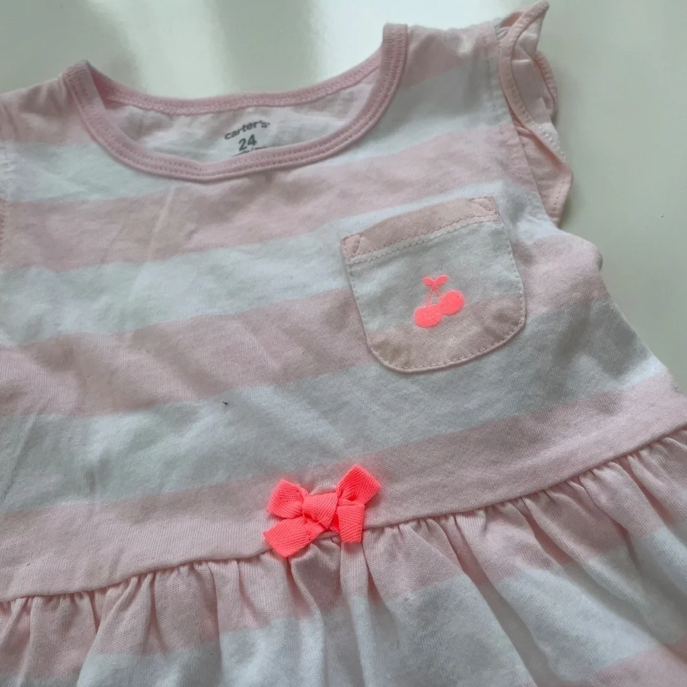Carter's Baby Girl Pink White Striped Ruffle Sleeve Preppy Dress Size 24 Months